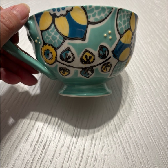 Anthropologie Elka Ayaka Aqua Floral Twisted Handle Footed Mug Pedestal Cup - Picture 8 of 10